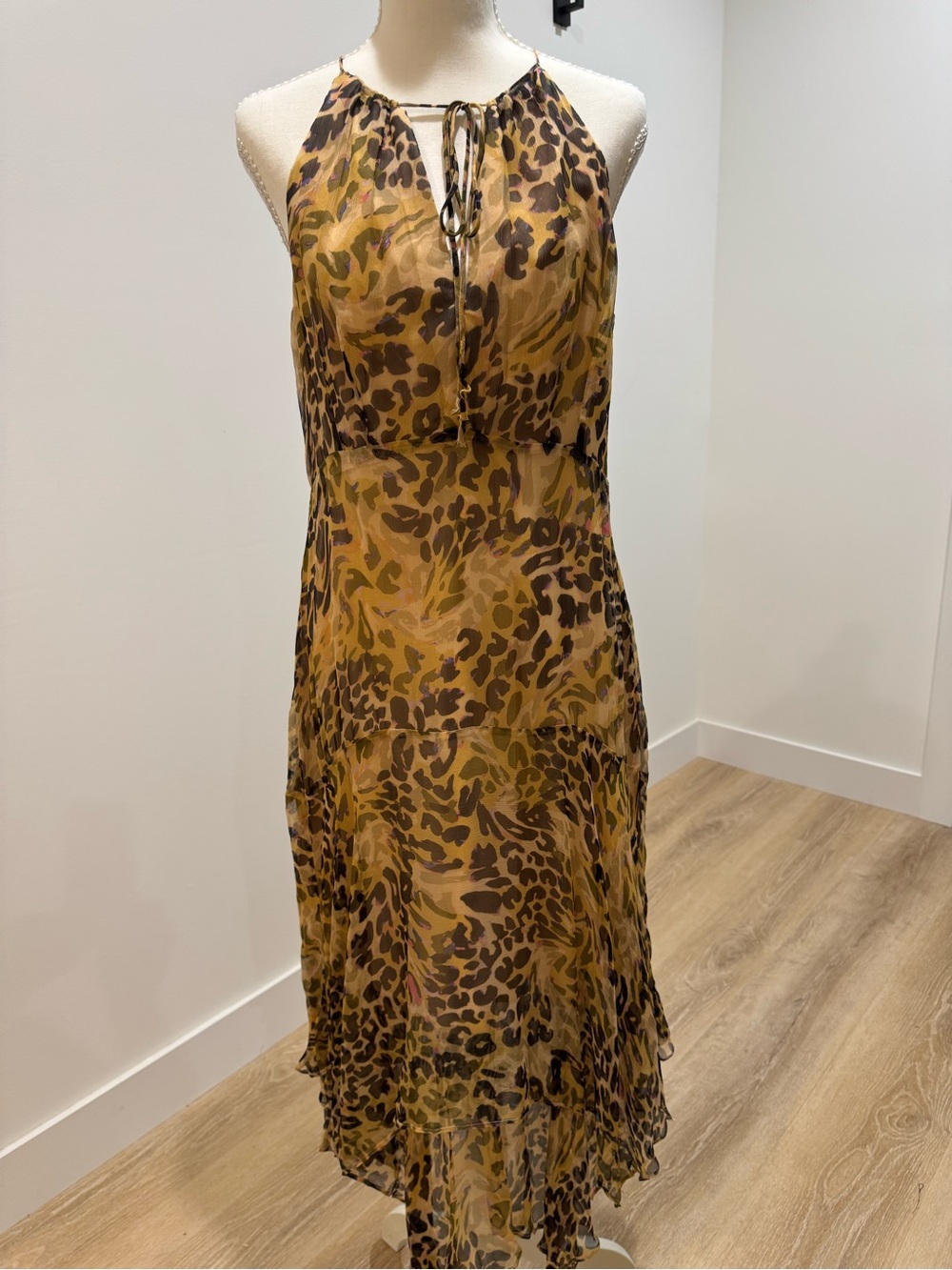 Nanette Lepore  brown black leopard chiffon romantic lined midi dress SZ 4 NWOT